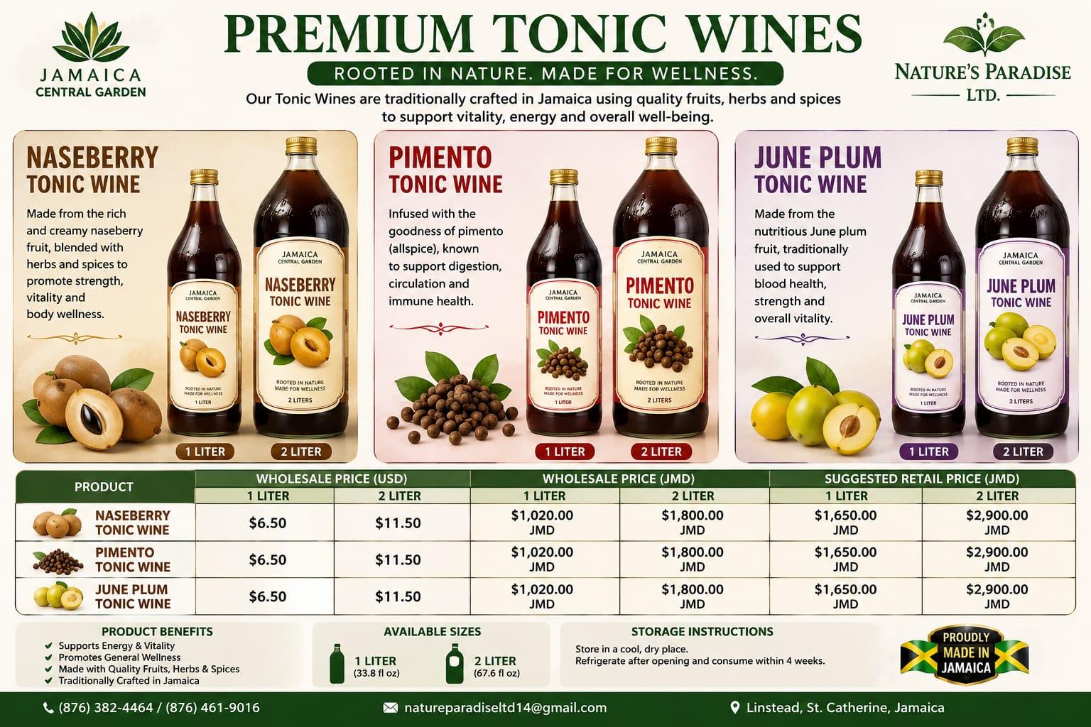 Premium tonic wines sheet — naseberry, pimento, and June plum