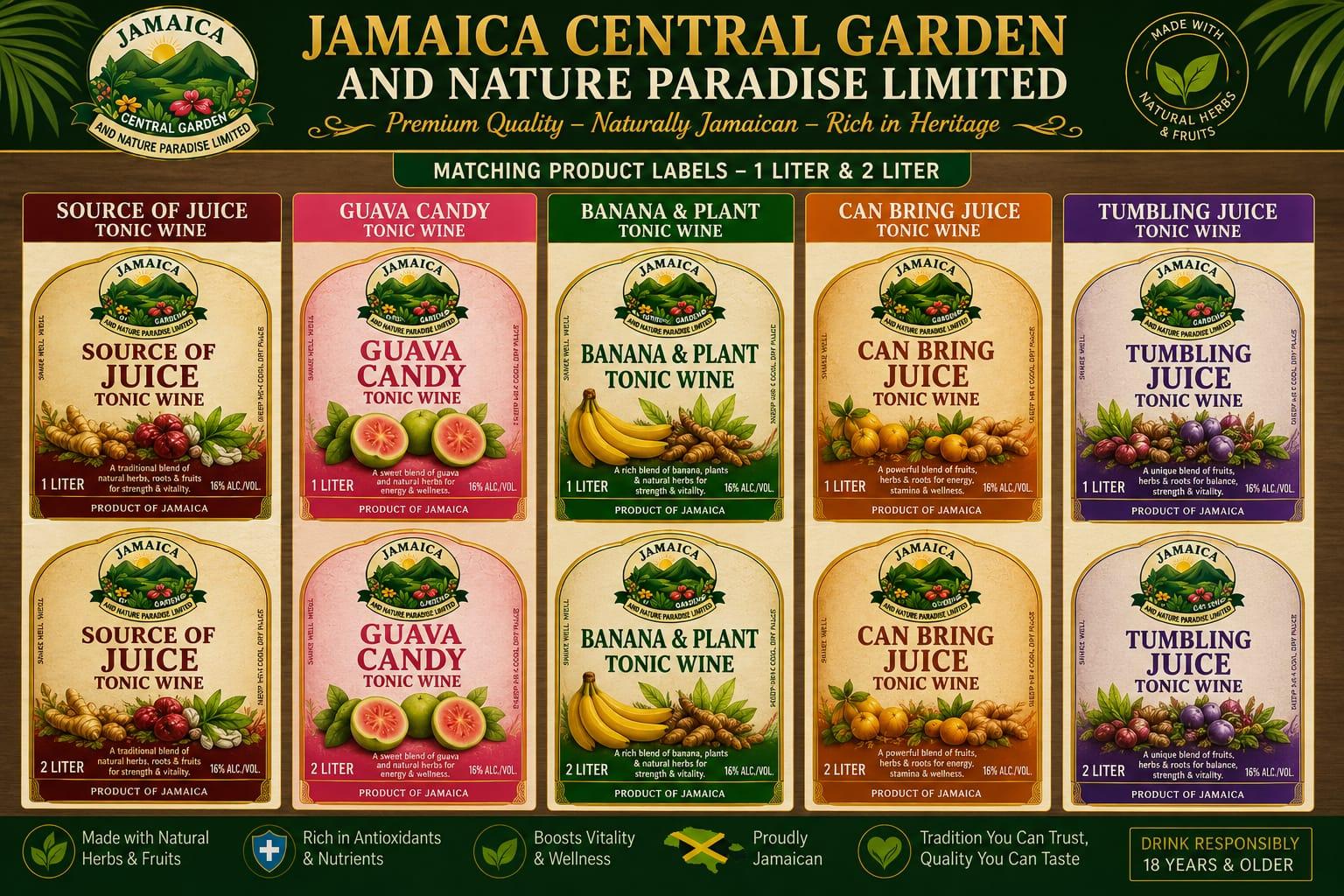 Matching labels for the five signature Jamaican tonic wines