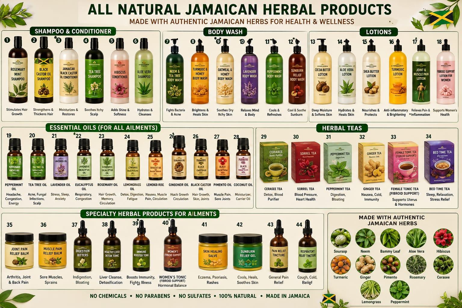 All-natural Jamaican herbal products line including oils and teas